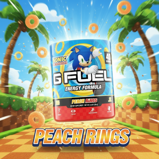 G Fuel energy formula container with Sonic the Hedgehog design on a colorful background with palm trees and rings.