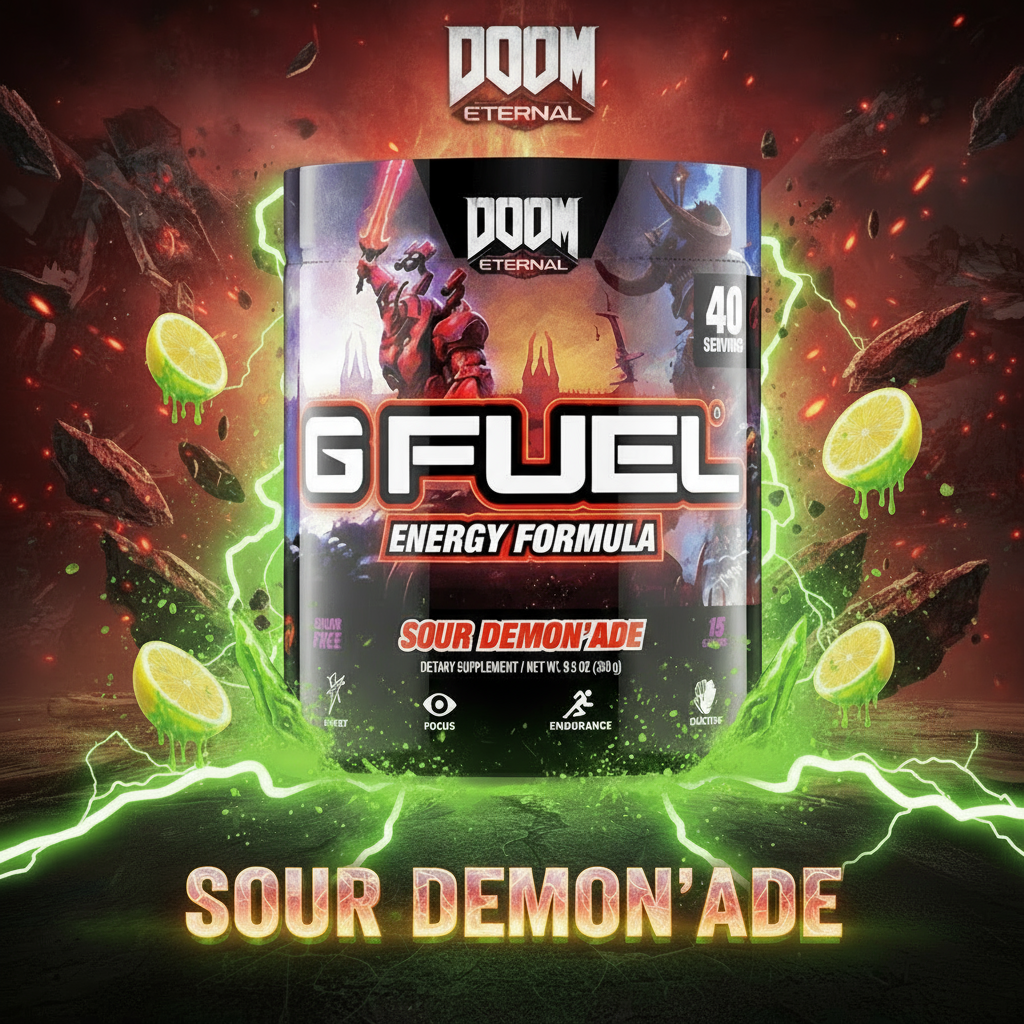 G Fuel energy formula packaging with Doom Eternal branding on a dynamic background